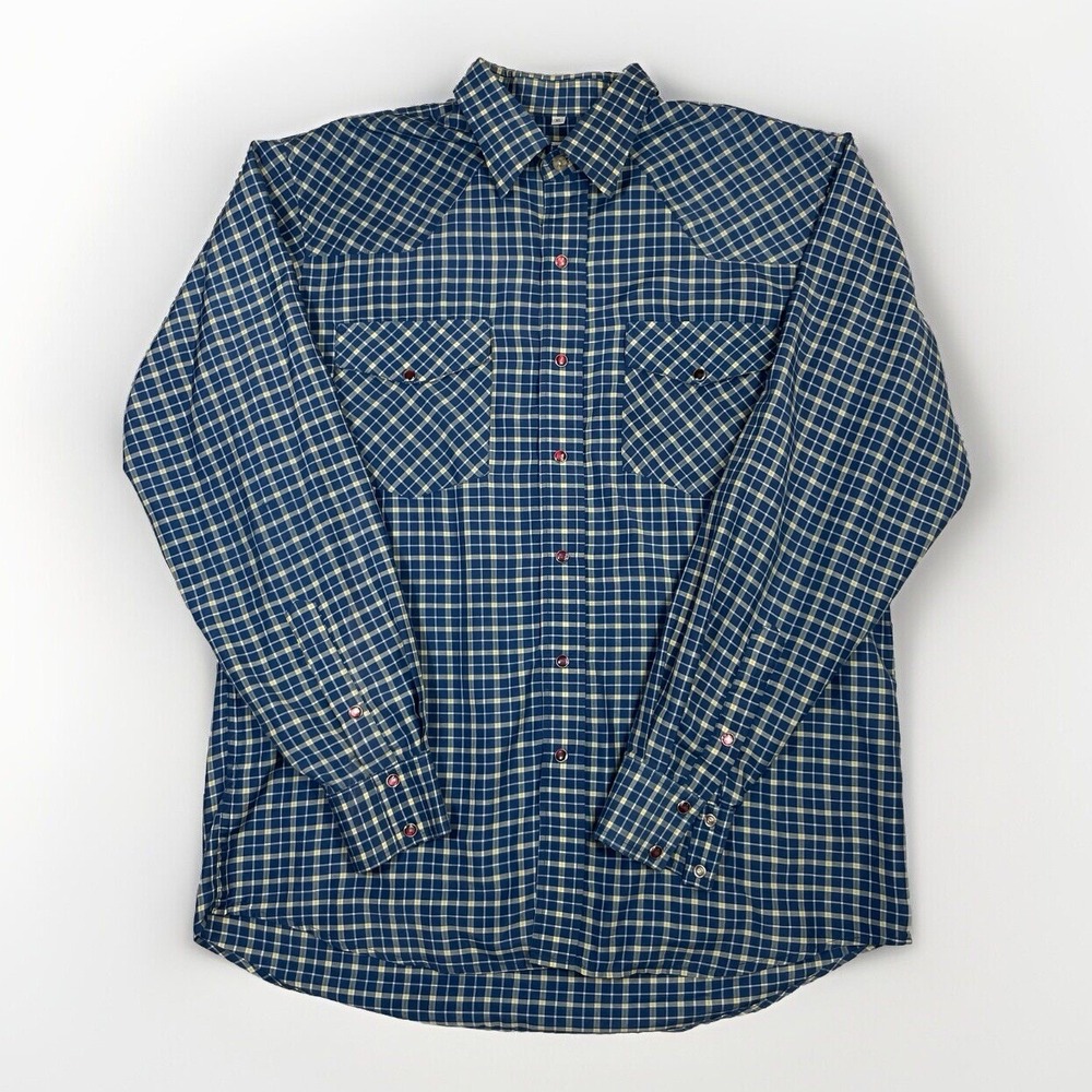 Crazy Cowboy Western Pearl Snaps Shirt Men's Long Sleeve Plaid Blue w/ Yellow XL